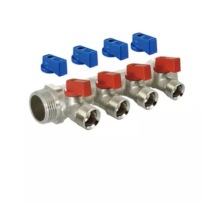 Коллектор TIM с шаровыми кранами 3/4" х 1/2 никелированный красные/синие ручки 4 вых