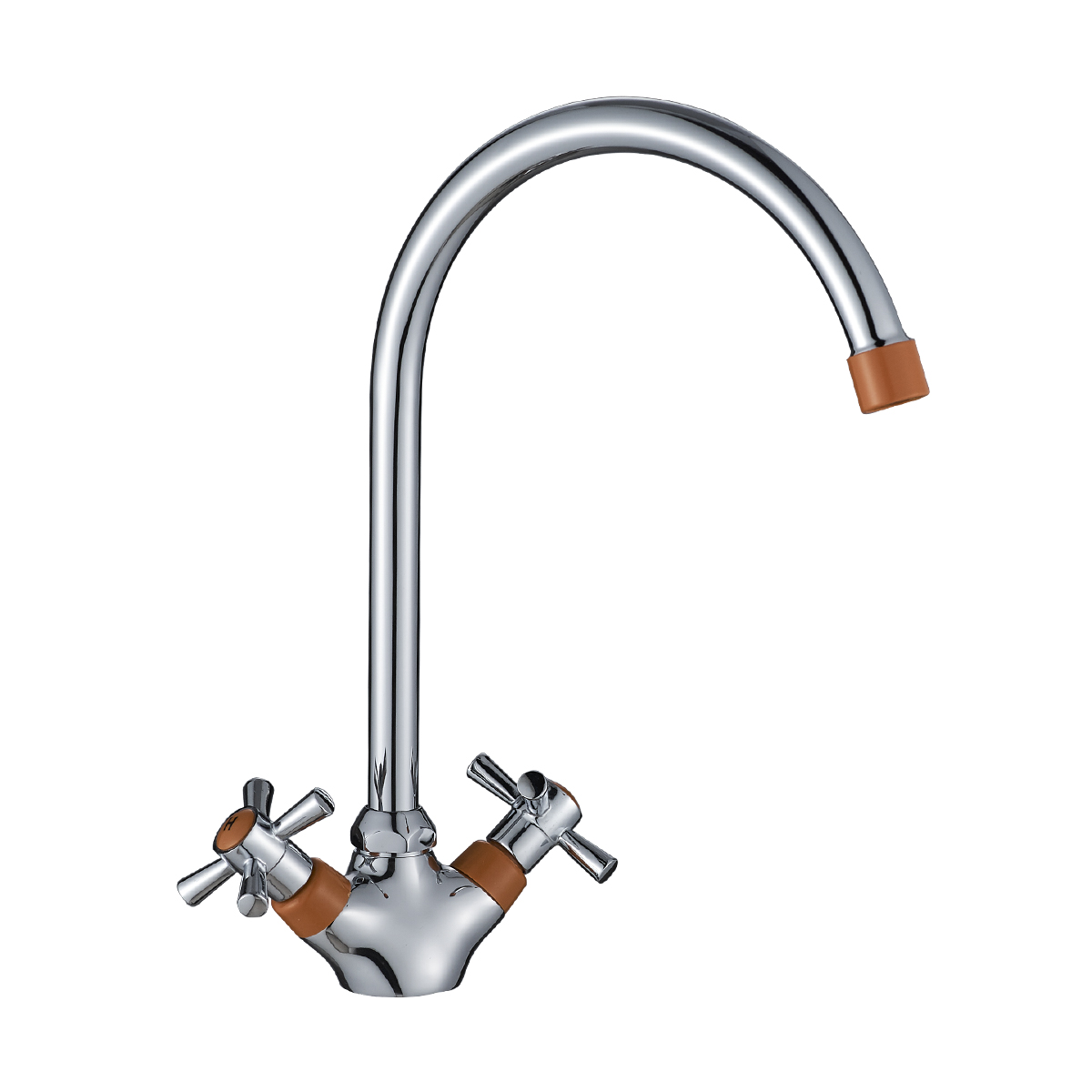 Смеситель Decoroom DR51028 двуручный для кухни с высоким поворотным изливом Хром/оранжевый
