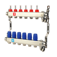 Коллектор MVI из нержавеющей стали в сборе с расходомерами дренажным краном и краном Маевского 1" х 3/4" ЕК PN10 6 вых.
