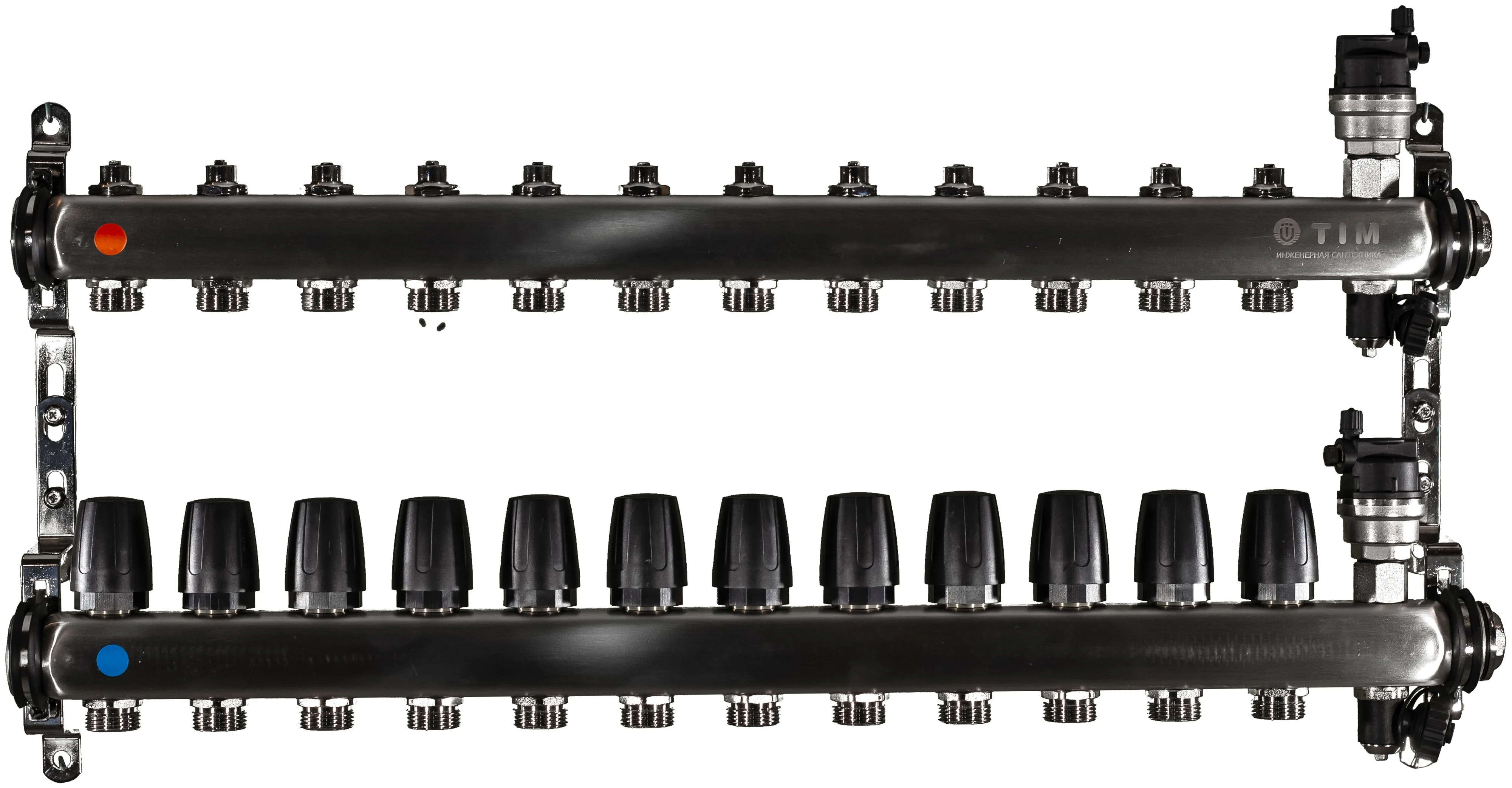 Коллекторная группа TIM с настроечными и термостатическими клапанами дренажными кранами и авто-воздухоотводчиками 1" нерж 12 вых