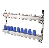 Коллектор MVI из нержавеющей стали в сборе без расходомеров c дренажным краном и краном Маевского 1"х3/4" ЕК PN10 9 вых.