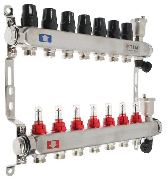 Коллекторная группа TIM с настроечными и термостатическими клапанами дренажными кранами и авто-воздухоотводчиками 1" нерж 7 вых