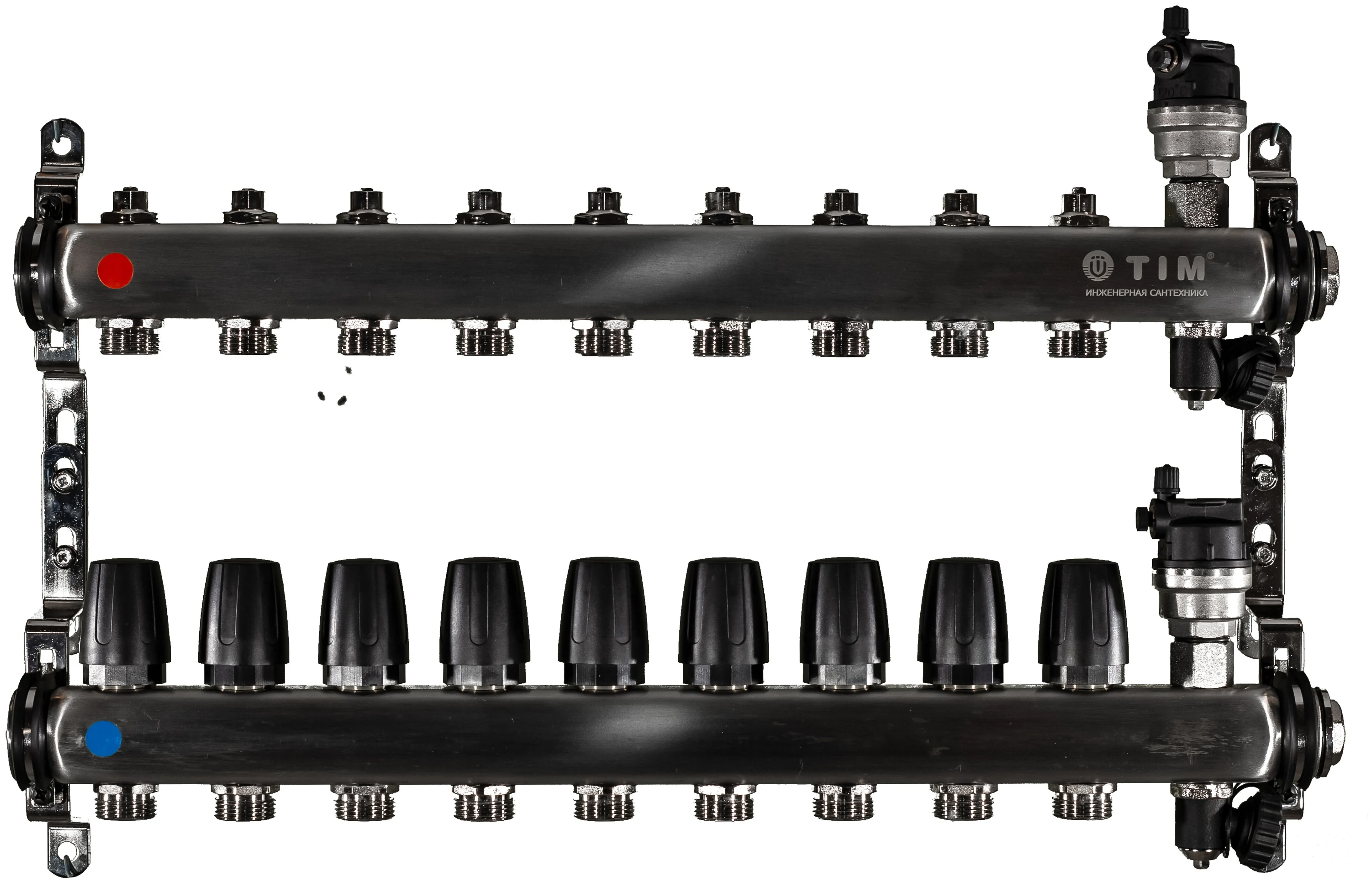 Коллекторная группа TIM с настроечными и термостатическими клапанами дренажными кранами и авто-воздухоотводчиками 1" нерж 9 вых
