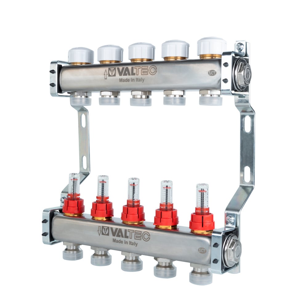 Коллекторный блок из нержавеющей стали Valtec VTc.584.EMNX с регулирующими клапанами и расходомерами без воздухоотводчиков   5 вых