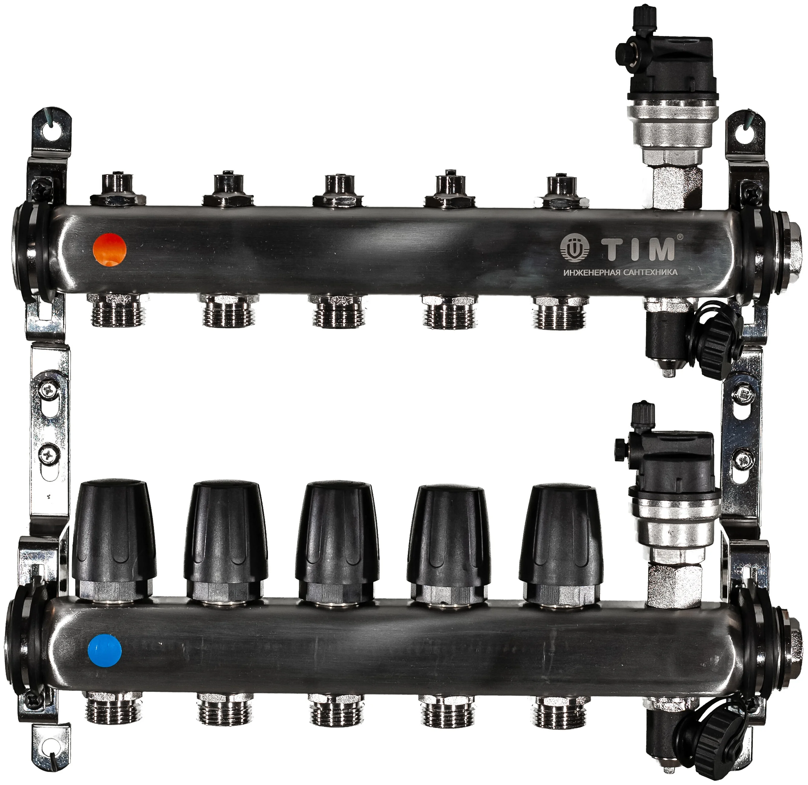 Коллекторная группа TIM с настроечными и термостатическими клапанами дренажными кранами и авто-воздухоотводчиками 1" нерж 5 вых