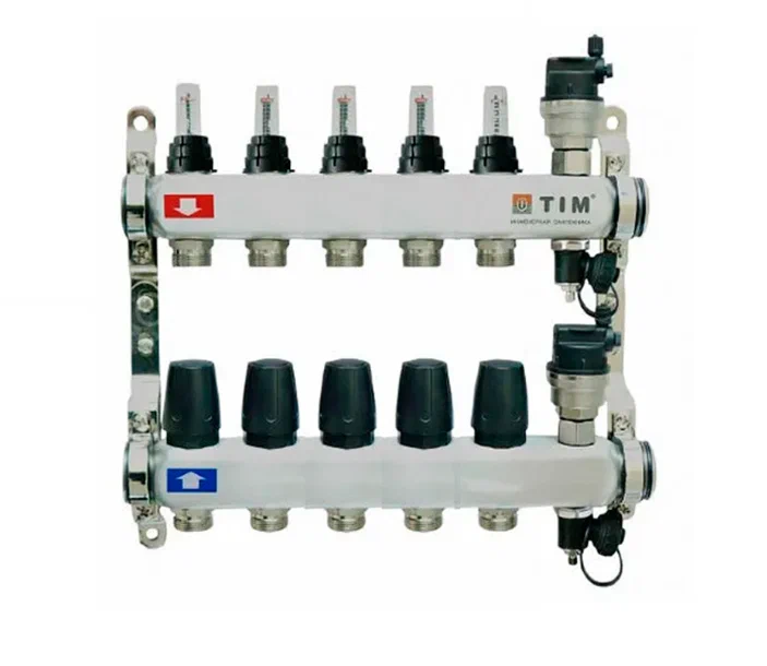 Коллекторная группа TIM с расходомерами 1" нержавеющая сталь без кранов 5 вых