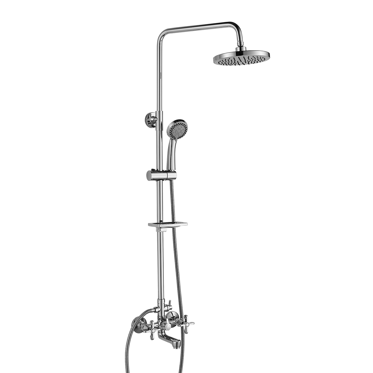 Смеситель Rossinka RS42-46 для ванны и душа с регулируемой высотой штанги фиксированным изливом и лейкой Тропический дождь