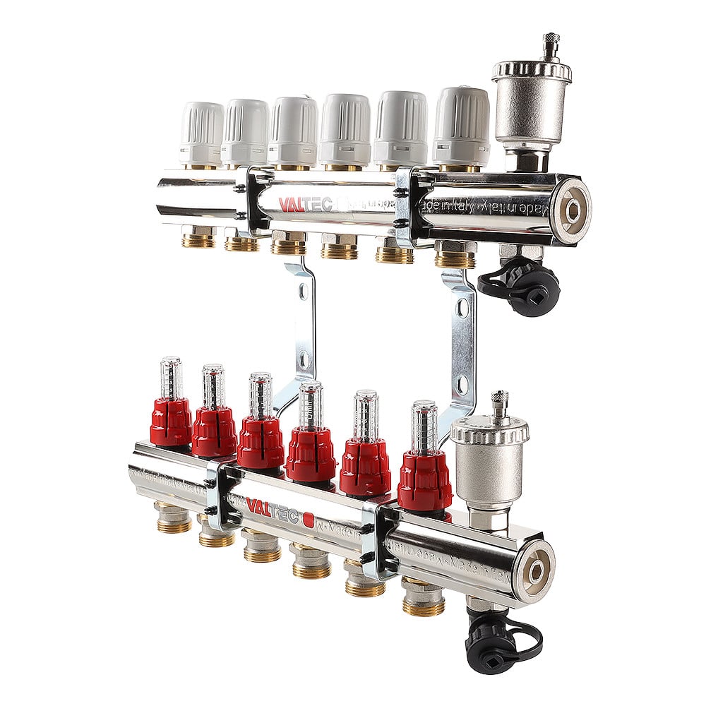 Коллекторный блок латунный Valtec с регулирующими клапанами и расходомерами 1"x3/4" 5 вых