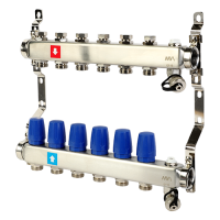 Коллектор MVI из нержавеющей стали в сборе без расходомеров c дренажным краном и краном Маевского 1х 3/4"ЕК PN10 6 вых.