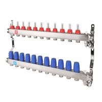 Коллектор MVI из нержавеющей стали в сборе с расходомерами дренажным краном и краном Маевского 1" х 3/4" ЕК PN10 11 вых.