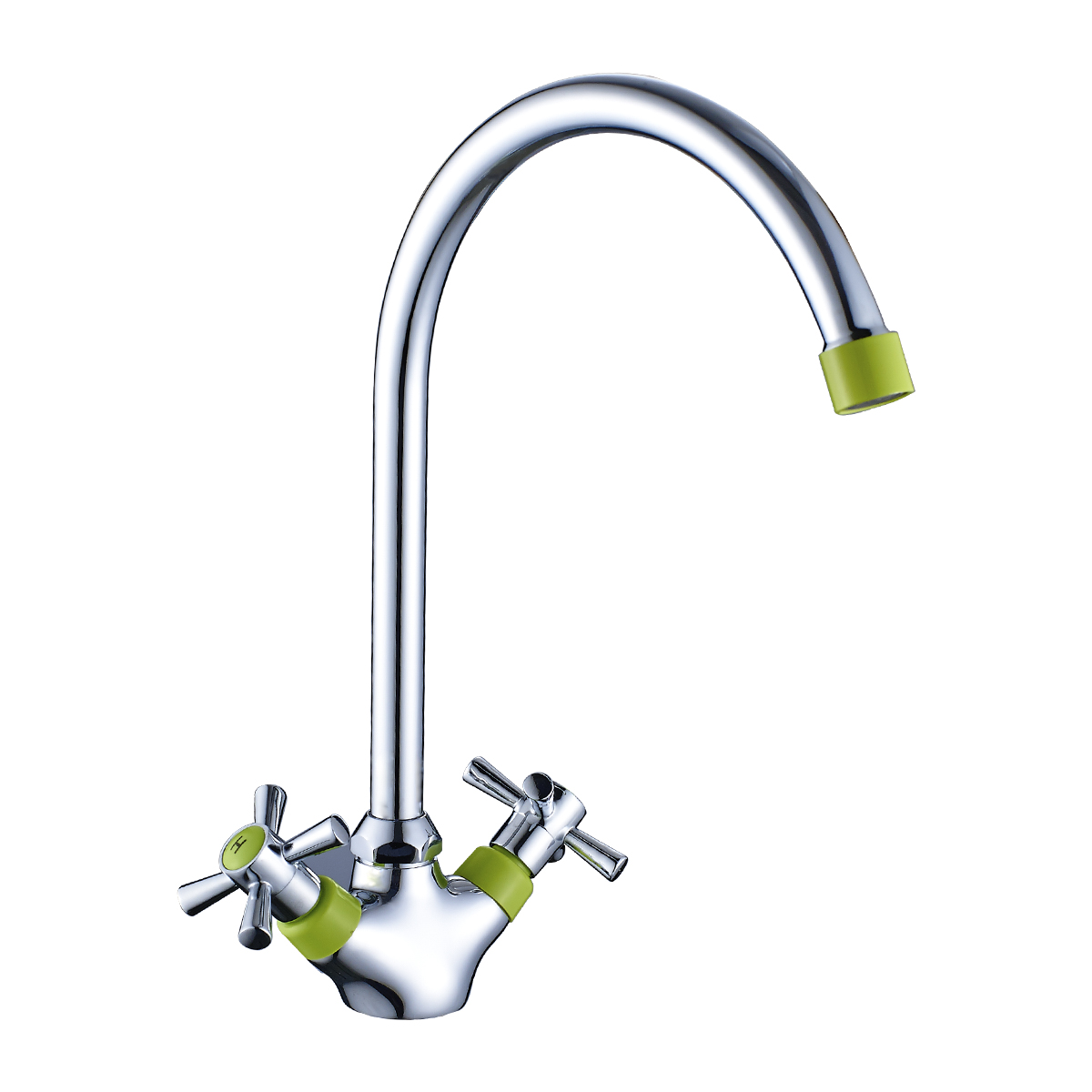 Смеситель Decoroom DR51028 двуручный для кухни с высоким поворотным изливом Хром/зеленый