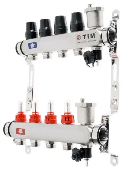 Коллекторная группа TIM с расходомерами 1" нержавеющая сталь без кранов 4 вых