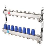 Коллектор MVI из нержавеющей стали в сборе без расходомеров c дренажным краном и краном Маевского 1"х3/4" ЕК PN10 8 вых.