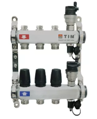 Коллекторная группа TIM с настроечными и термостатическими клапанами дренажными кранами и авто-воздухоотводчиками 1" нерж 3 вых