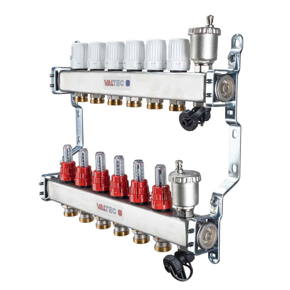 Коллекторный блок из нержавеющей стали Valtec VTc.586.EMNX с регулирующими клапанами и расходомерами 5 вых