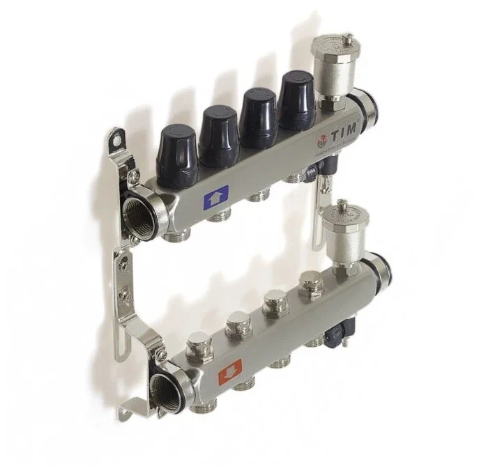 Коллекторная группа TIM с настроечными и термостатическими клапанами дренажными кранами и авто-воздухоотводчиками 1" нерж 4 вых