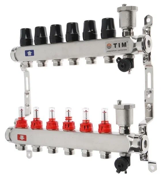 Коллекторная группа TIM с расходомерами 1" нержавеющая сталь без кранов 6 вых