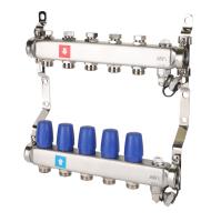 Коллектор MVI из нержавеющей стали в сборе без расходомеров c дренажным краном и краном Маевского 1"х3/4" ЕК PN10 5 вых.