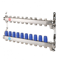 Коллектор MVI из нержавеющей стали в сборе без расходомеров c дренажным краном и краном Маевского 1"х3/4" ЕК PN10 10 вых.