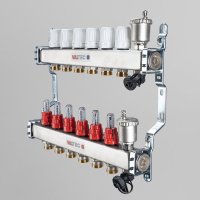 Коллекторный блок из нержавеющей стали Valtec VTc.586.EMNX с регулирующими клапанами и расходомерами 10 вых