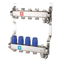 Коллектор MVI из нержавеющей стали в сборе без расходомеров c дренажным краном и краном Маевского 1"х3/4" ЕК PN10 4 вых.