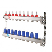 Коллектор MVI из нержавеющей стали в сборе с расходомерами дренажным краном и краном Маевского 1" х 3/4" ЕК PN10 9 вых.