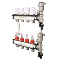 Коллекторный блок из нержавеющей стали Valtec VTc.589.EMNX с регулирующими клапанами и расходомерами  3 вых