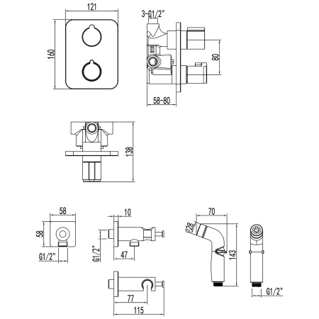 Смеситель Lemark Bronx LM3740BL с гигиеническим душем термостатический встраиваемый