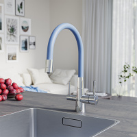 Смеситель Lemark Comfort LM3075C для кухни с гибким изливом с подключением к фильтру с питьевой водой Хром/Голубой