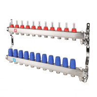 Коллектор MVI из нержавеющей стали в сборе с расходомерами дренажным краном и краном Маевского 1" х 3/4" ЕК PN10 11 вых.