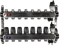 Коллекторная группа TIM с настроечными и термостатическими клапанами дренажными кранами и авто-воздухоотводчиками 1" нерж 7 вых