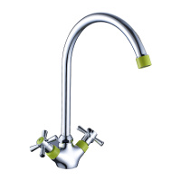 Смеситель Decoroom DR51028 двуручный для кухни с высоким поворотным изливом Хром/зеленый