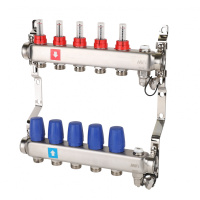 Коллектор MVI из нержавеющей стали в сборе с расходомерами дренажным краном и краном Маевского 1" х 3/4" ЕК PN10 5 вых.