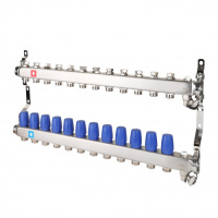 Коллектор MVI из нержавеющей стали в сборе без расходомеров c дренажным краном и краном Маевского 1"х3/4" ЕК PN10 12 вых.
