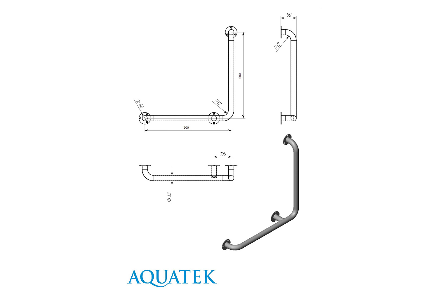 Поручень настенный г-образный Aquatek 60 см левый