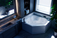 Акриловая угловая ванна Aquatek Лира 150х150 без гидромассажа, вклеенный цельносварной металлический каркас c фронтальным экраном