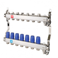 Коллектор MVI из нержавеющей стали в сборе без расходомеров c дренажным краном и краном Маевского 1"х3/4" ЕК PN10 7 вых.