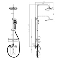 Смеситель Rossinka RS29-46 для ванны и душа с регулируемой высотой штанги поворотным изливом и лейкой Тропический дождь