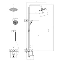 Смеситель Rossinka T40-46 для ванны и душа с регулируемой высотой штанги и лейкой Тропический дождь