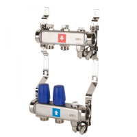 Коллектор MVI из нержавеющей стали в сборе без расходомеров c дренажным краном и краном Маевского 1"х3/4" ЕК PN10 2 вых.