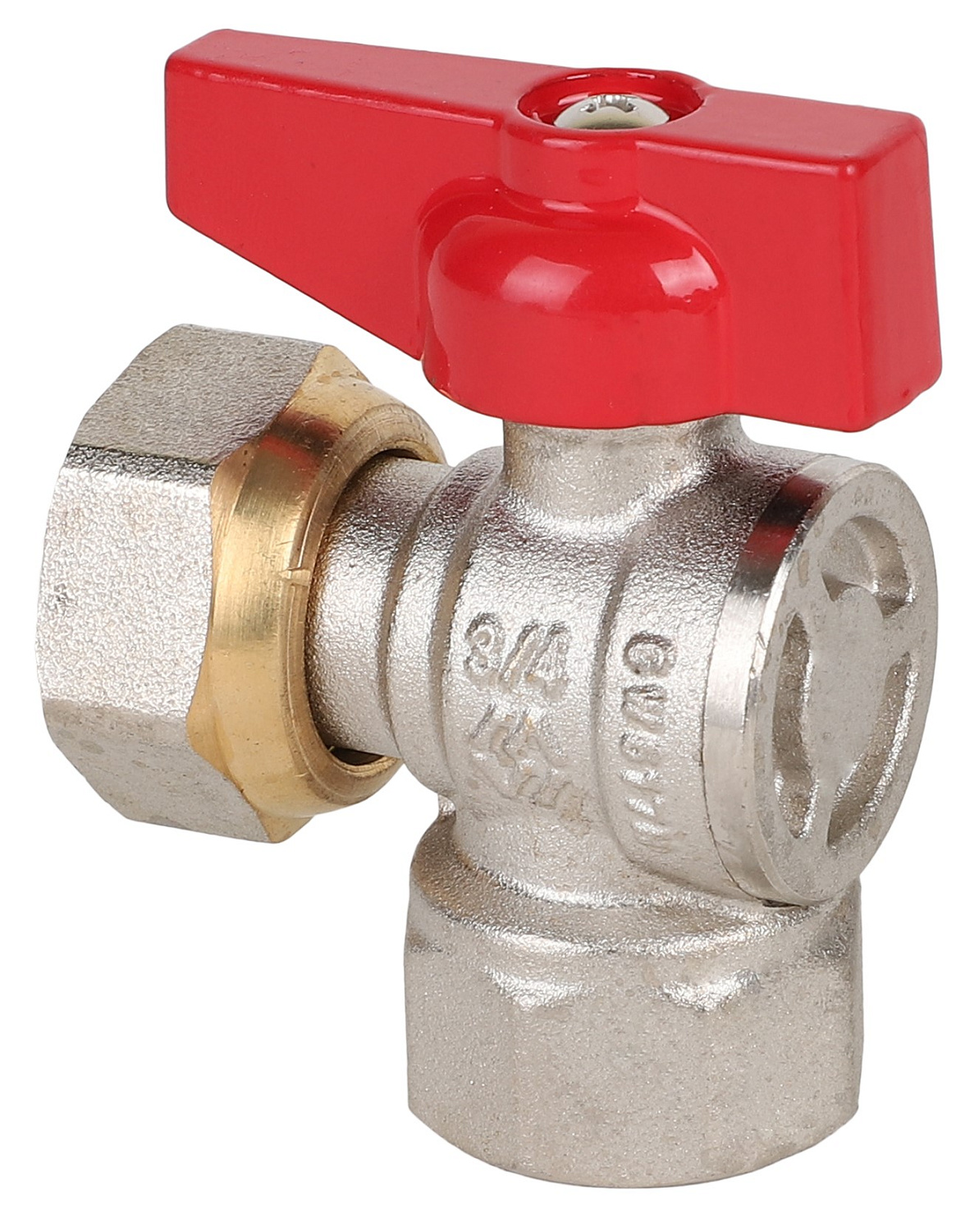 Кран шаровой MVI из латуни угловой, накидная гайка-цапка (вн-нар, рукоятка «бабочка») 3/4"