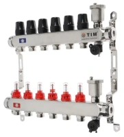 Коллекторная группа TIM с расходомерами 1" нержавеющая сталь без кранов 6 вых