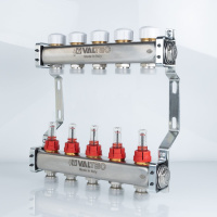 Коллекторный блок из нержавеющей стали Valtec VTc.584.EMNX с регулирующими клапанами и расходомерами без воздухоотводчиков   9 вых