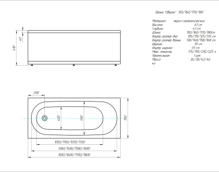Акриловая прямоугольная ванна Aquatek Оберон 150х70 без фронтального экрана, без гидромассажа